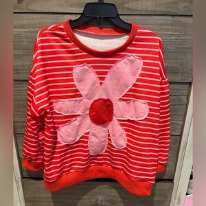 Red and Pink Striped Sweater with Flower Design